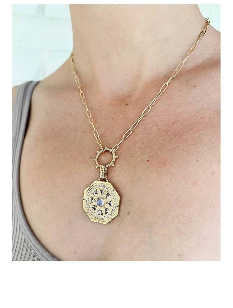 Aztec 14K Gold Mayan Deco Medallion Necklace With Clear Topaz