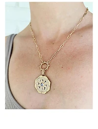 Aztec 14K Gold Mayan Deco Medallion Necklace With Clear Topaz