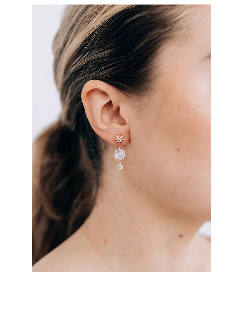 Aztec 14K Gold Micro Graduated Starburst Drop Earrings With Clear Topaz And Moonstone