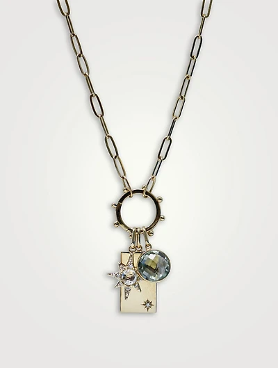 Dew Drop 14K Gold Marine Story Catcher Necklace With Green Amethyst