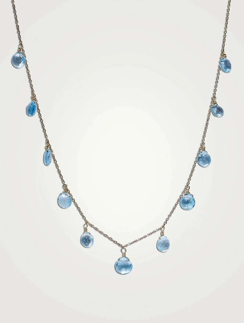 14K Gold Droplet Briolette Necklace With Blue Topaz