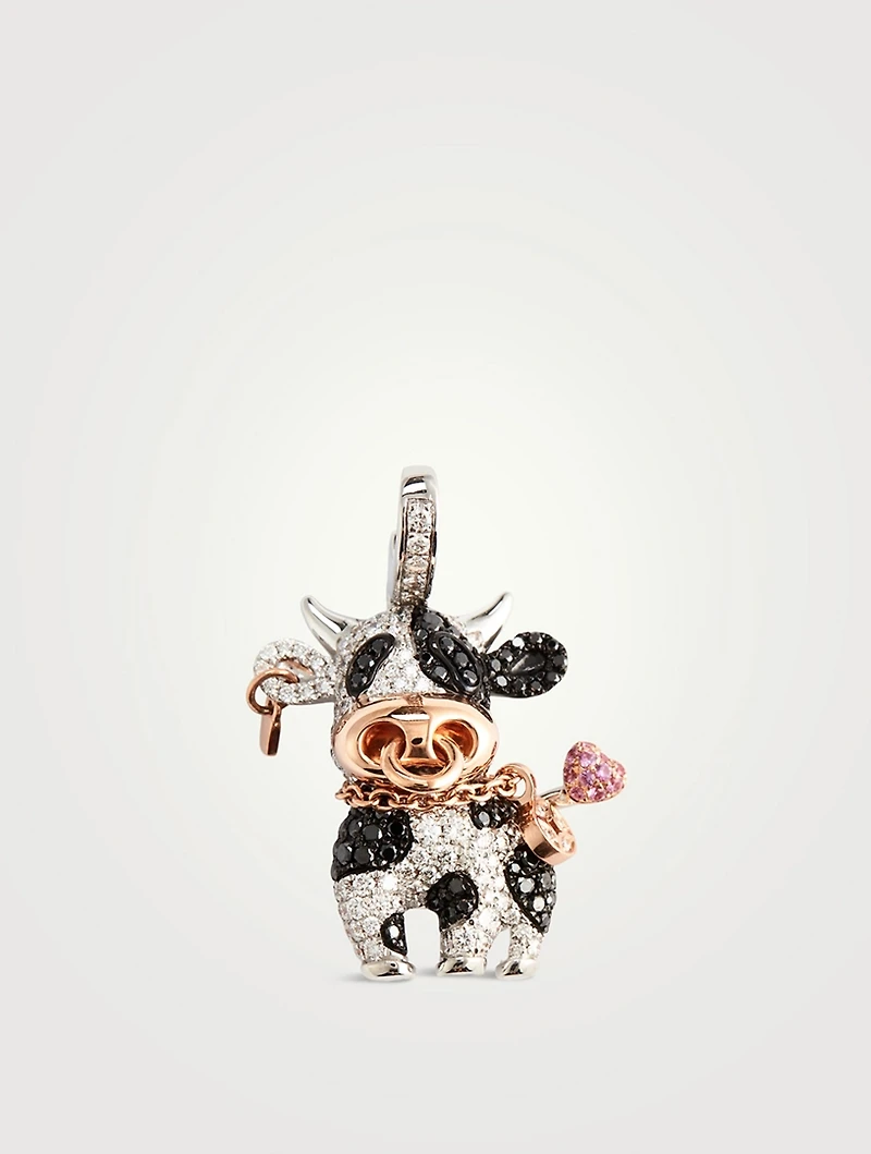 Medium Niu Bo Bo 18K White Gold Ox Pendant With Diamonds, Black Diamonds, And Pink Sapphires