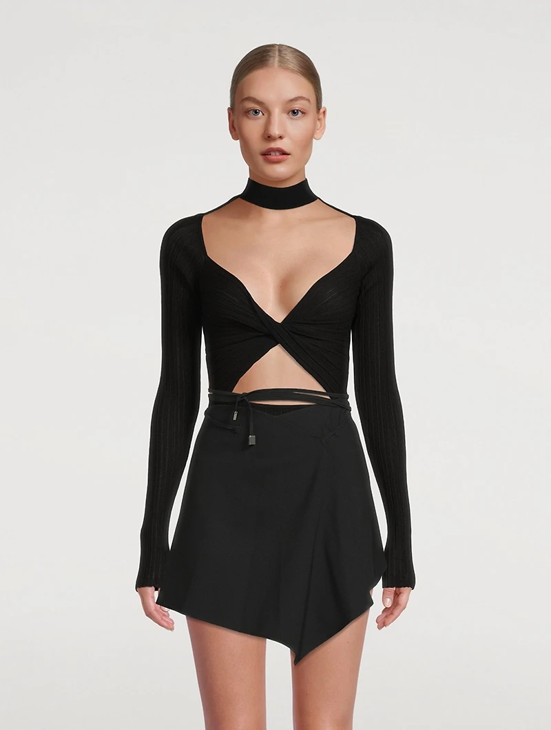 Twist-Front Cut-Out Turtleneck Top