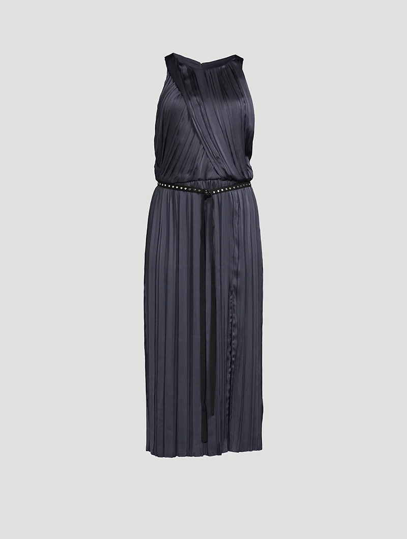 Irregular Pleated Satin Midi Dress