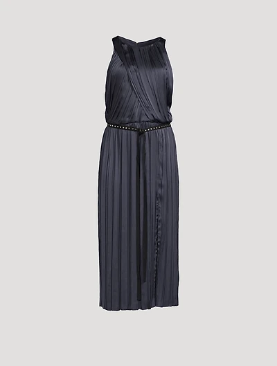 Irregular Pleated Satin Midi Dress