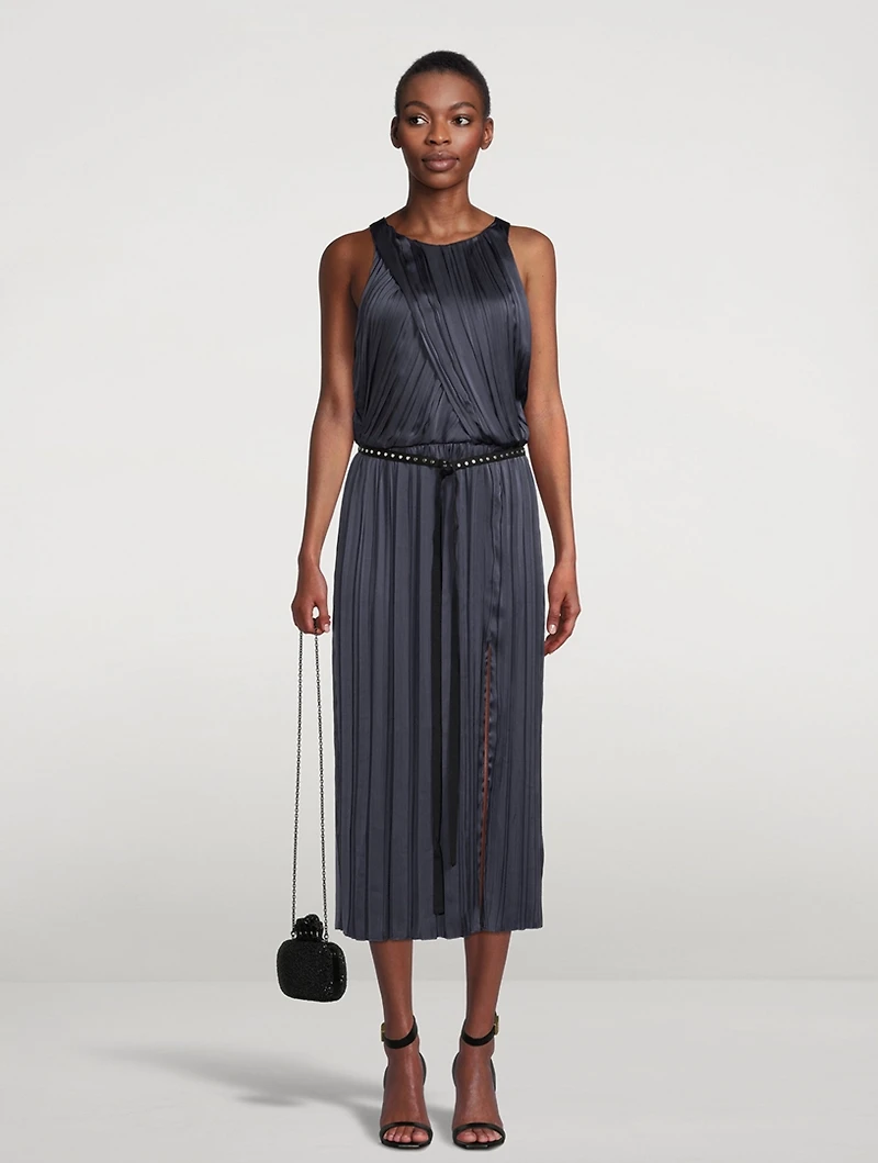 Irregular Pleated Satin Midi Dress