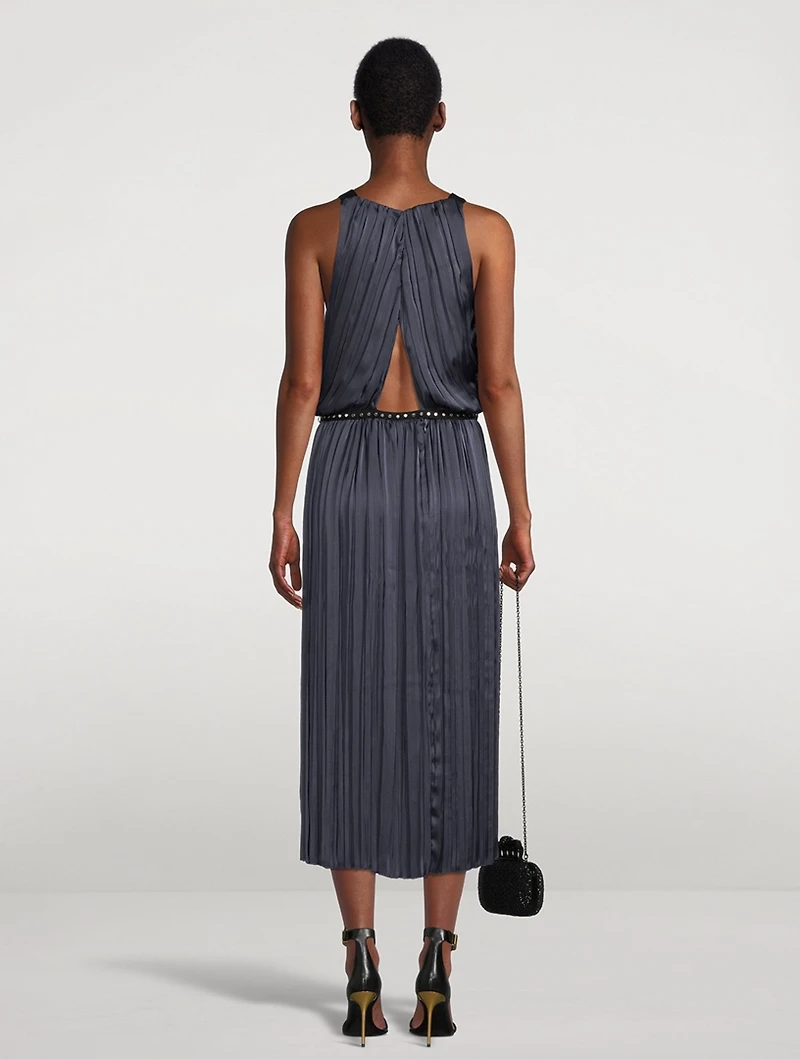 Irregular Pleated Satin Midi Dress