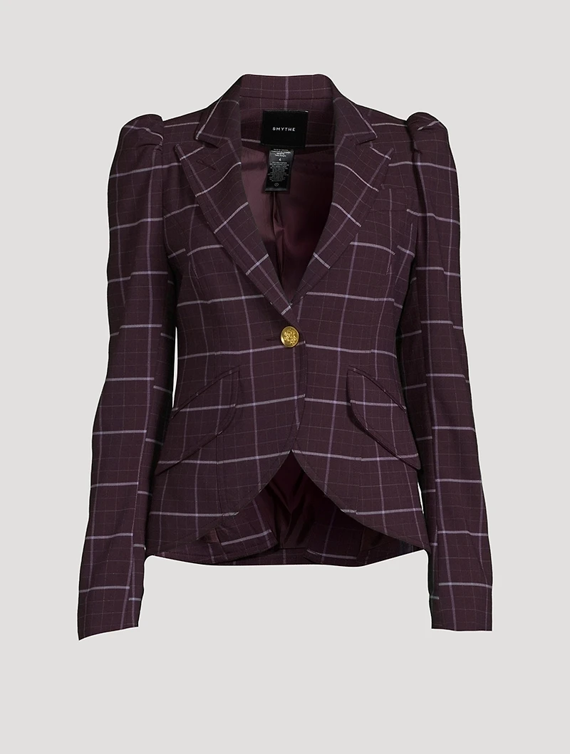 Pouf-Sleeve Blazer Plaid Print