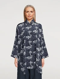 Long Silk Shirt Tropical Leaf Print