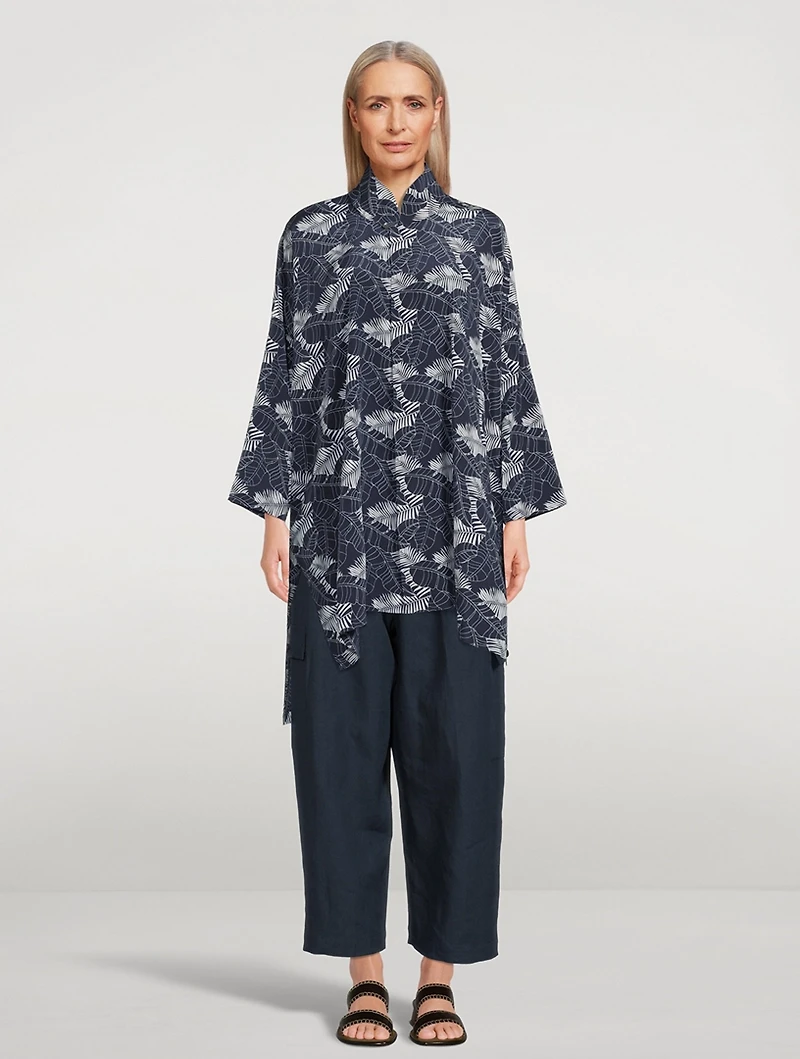 Long Silk Shirt Tropical Leaf Print