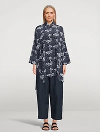 Long Silk Shirt Tropical Leaf Print