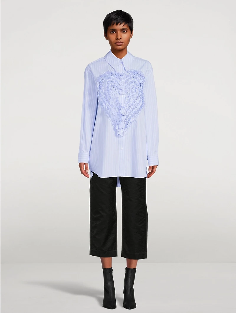 Ruffled Heart Cotton Shirt Pinstripe Print