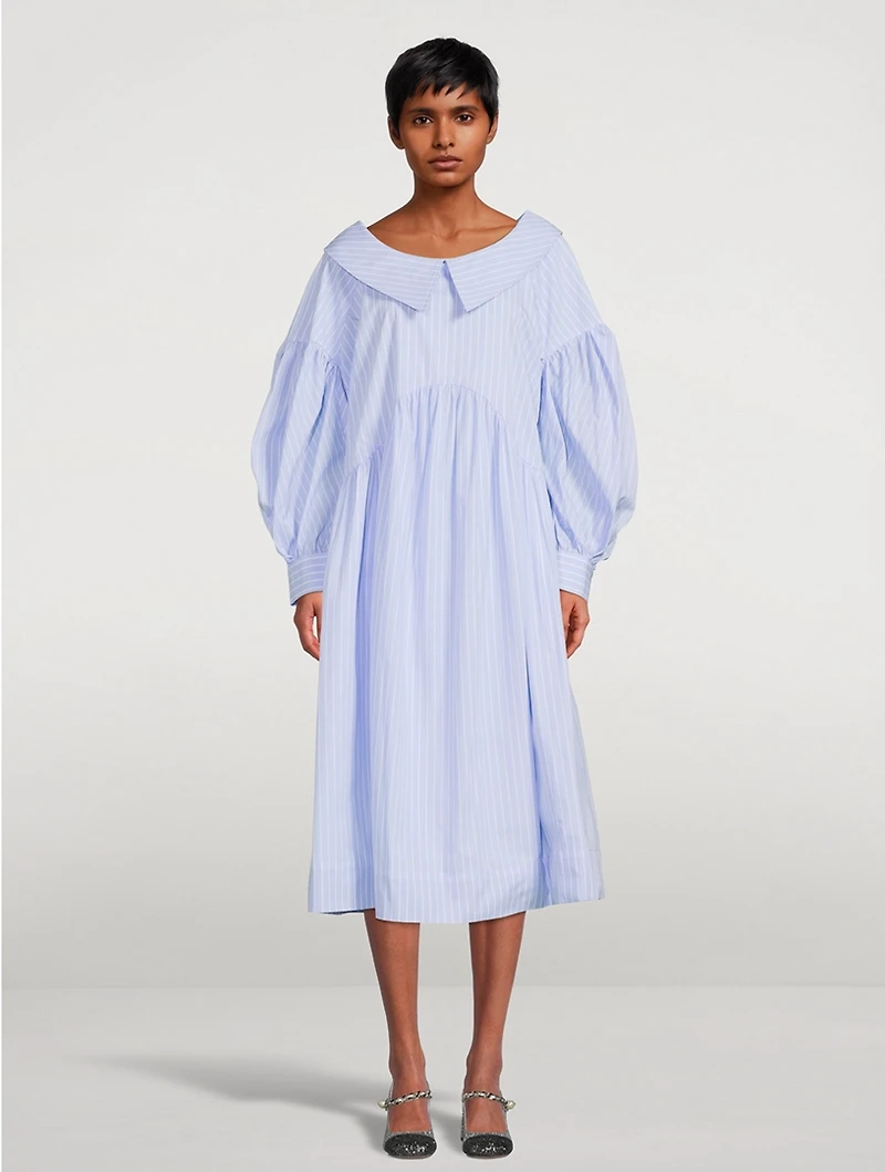 Puff-Sleeve Midi Dress Pinstripe Print