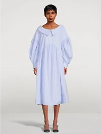 Puff-Sleeve Midi Dress Pinstripe Print