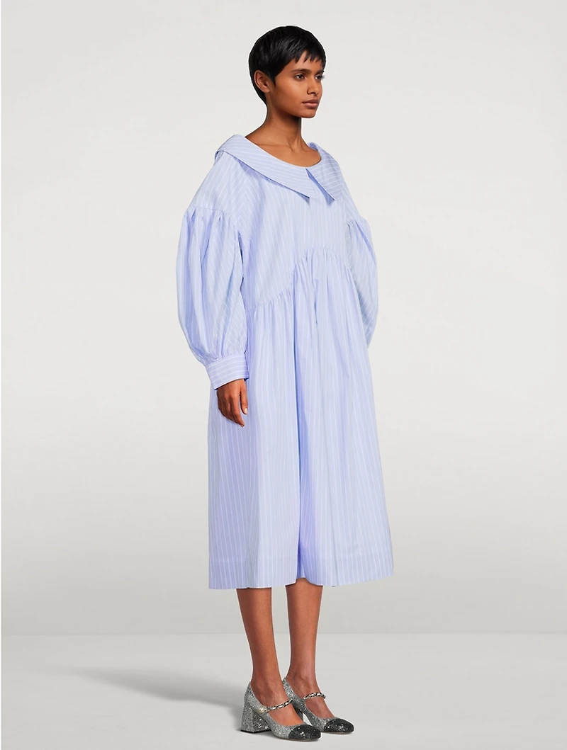 Puff-Sleeve Midi Dress Pinstripe Print