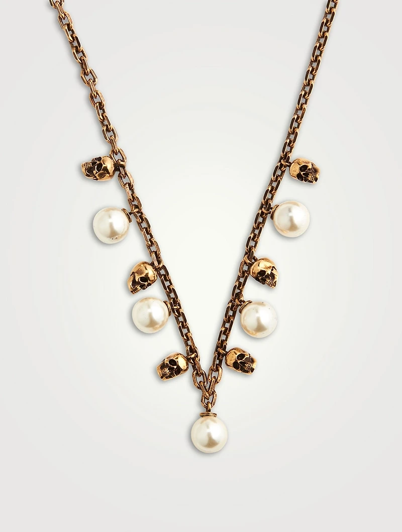 Skull And Faux Pearl Chain Necklace
