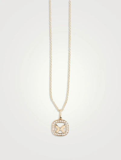 14K Gold Open Icon Butterfly Pendant Necklace With Diamonds