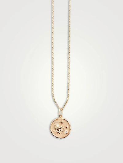 14K Gold Shooting Cherub Coin Pendant Necklace With Diamonds
