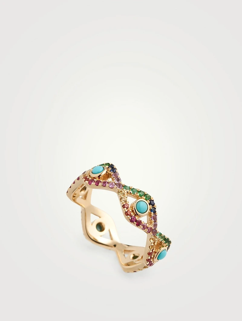 14K Gold Evil Eye Rainbow Eternity Ring