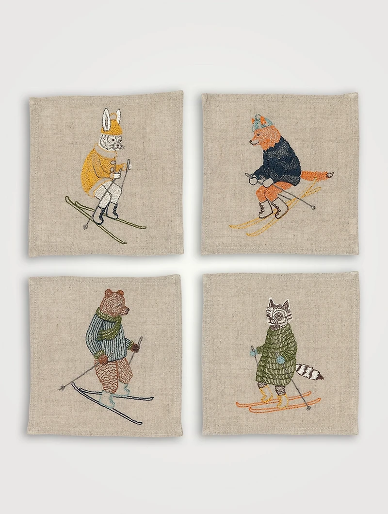Set Of Four Downhill Skiers Cocktail Napkins
