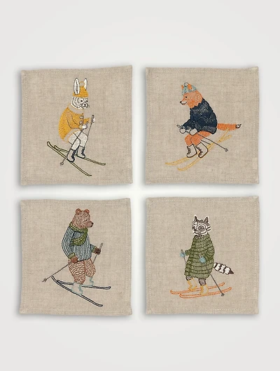 Set Of Four Downhill Skiers Cocktail Napkins
