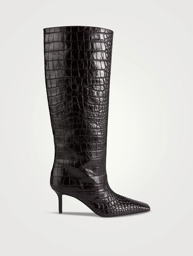 Croc-Embossed Leather Knee-High Boots