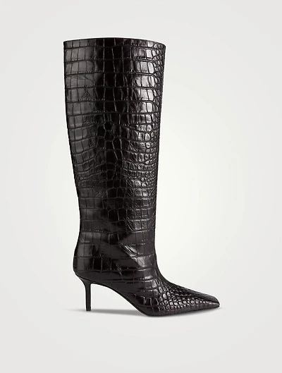 Croc-Embossed Leather Knee-High Boots