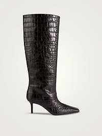 Croc-Embossed Leather Knee-High Boots