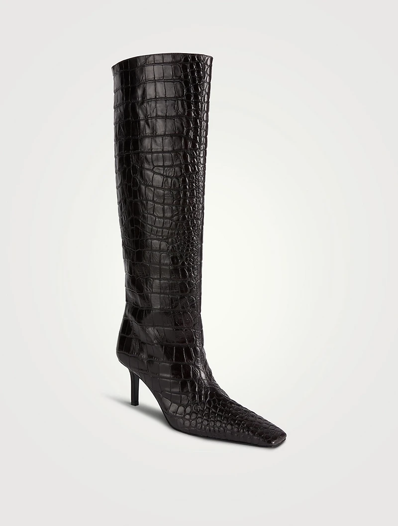 Croc-Embossed Leather Knee-High Boots
