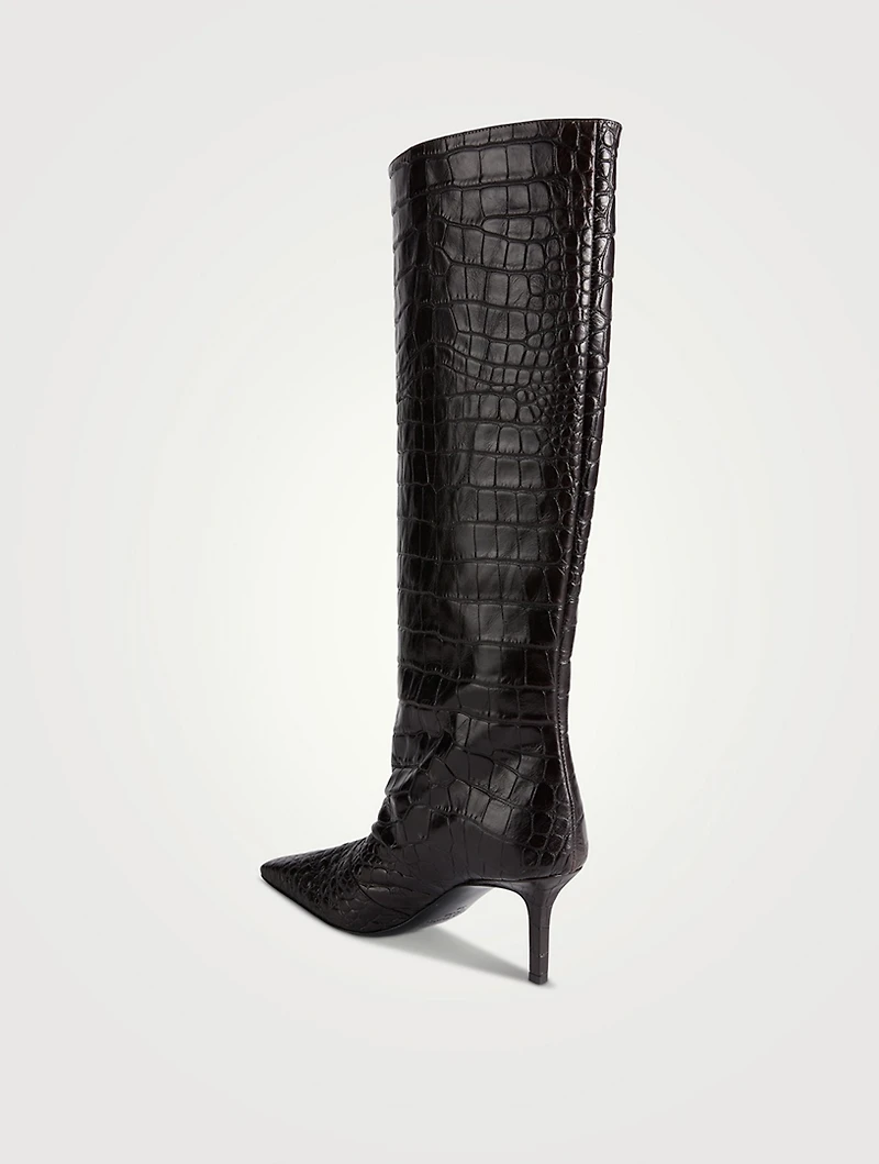 Croc-Embossed Leather Knee-High Boots
