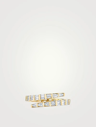 18K Gold Two Row Pinky Coil Ring With Baguette Diamonds