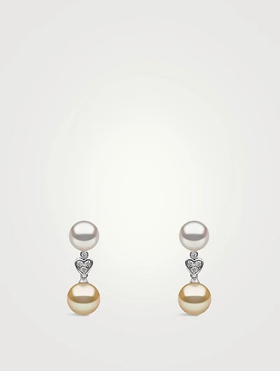 18K White Gold Golden Pearl And Diamond Heart Earrings