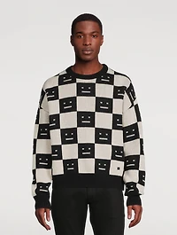 Checkerboard Wool Crewneck Sweater With Face Logo