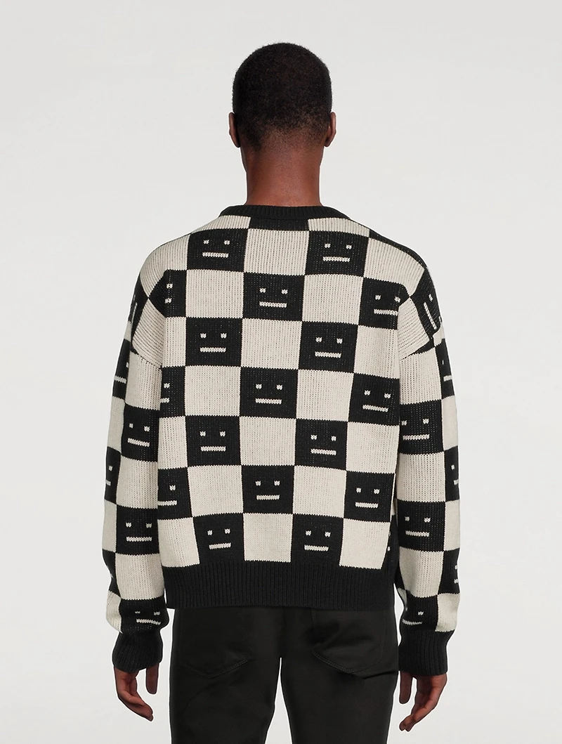 Checkerboard Wool Crewneck Sweater With Face Logo
