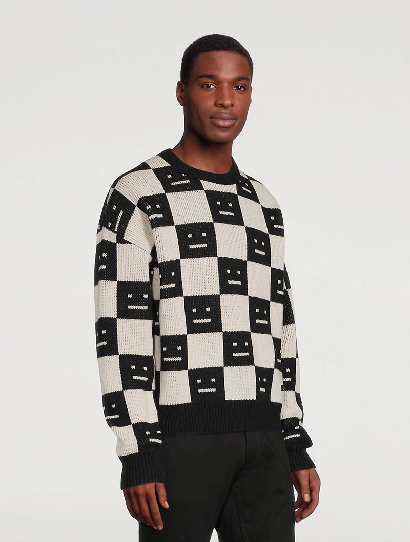 Checkerboard Wool Crewneck Sweater With Face Logo