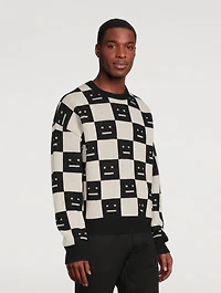 Checkerboard Wool Crewneck Sweater With Face Logo