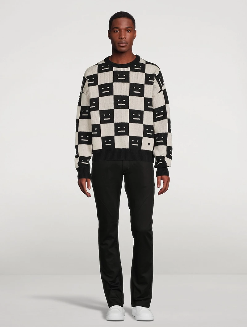 Checkerboard Wool Crewneck Sweater With Face Logo
