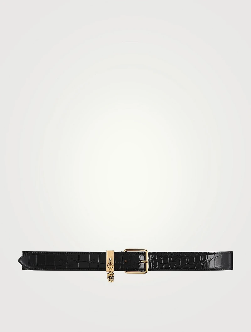 Croc-Embossed Leather Belt With Skull Charm