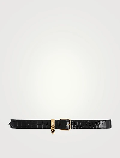 Croc-Embossed Leather Belt With Skull Charm