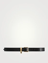 Croc-Embossed Leather Belt With Skull Charm