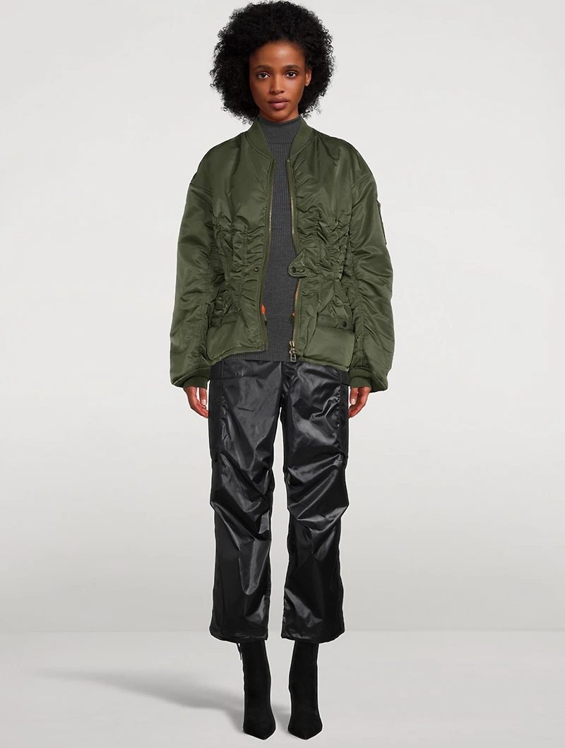 Nylon Twill Peplum Bomber Jacket