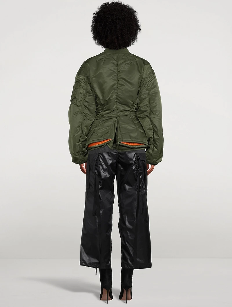 Nylon Twill Peplum Bomber Jacket