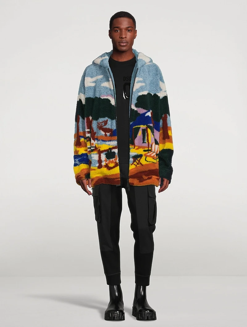 Landscape Jacquard Teddy Zip Jacket With Hood