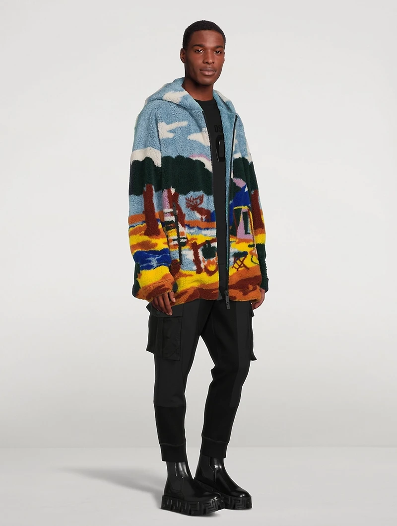 Landscape Jacquard Teddy Zip Jacket With Hood