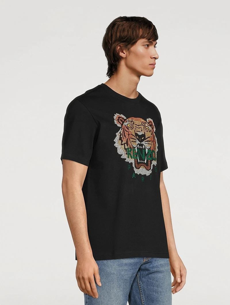 Cotton T-Shirt With Tiger Embroidery