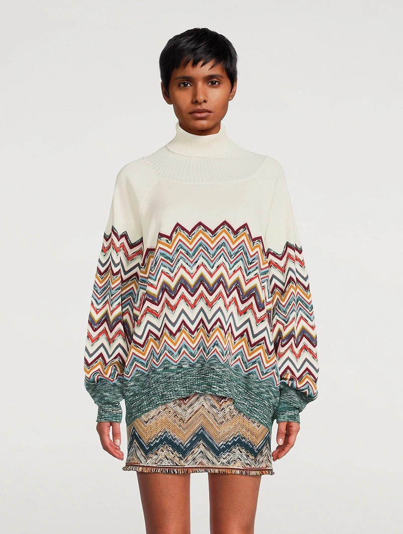 Wool-Blend Chevron Knit Turtleneck