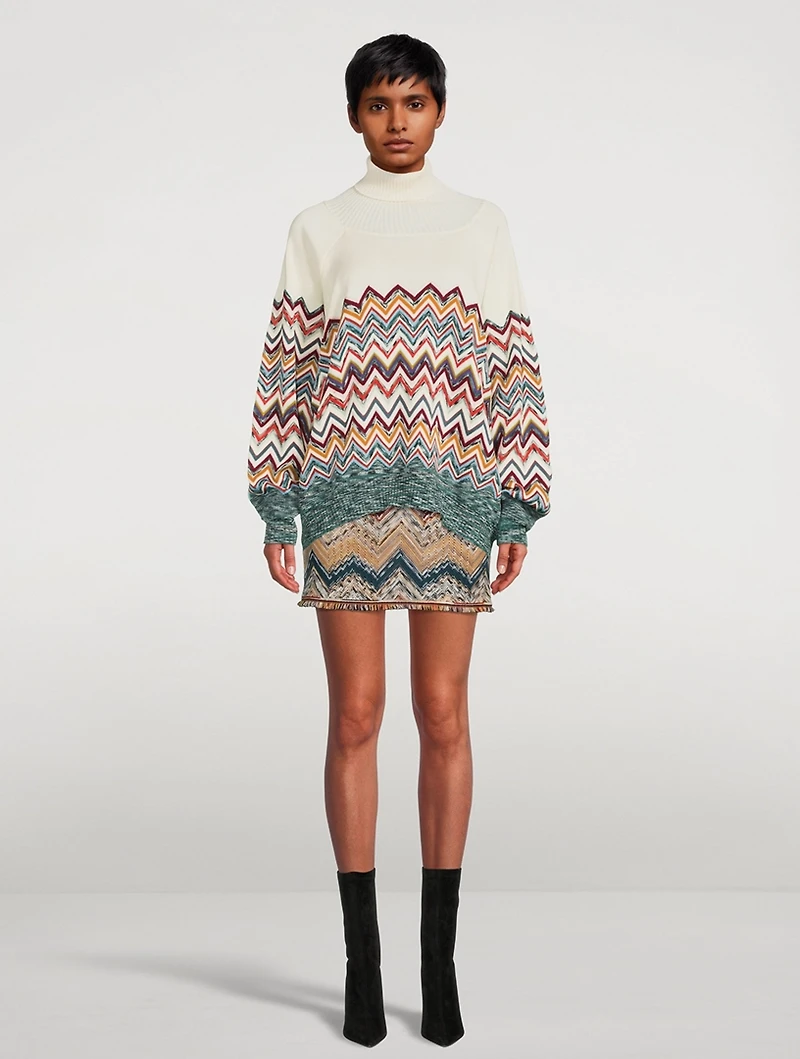 Wool-Blend Chevron Knit Turtleneck