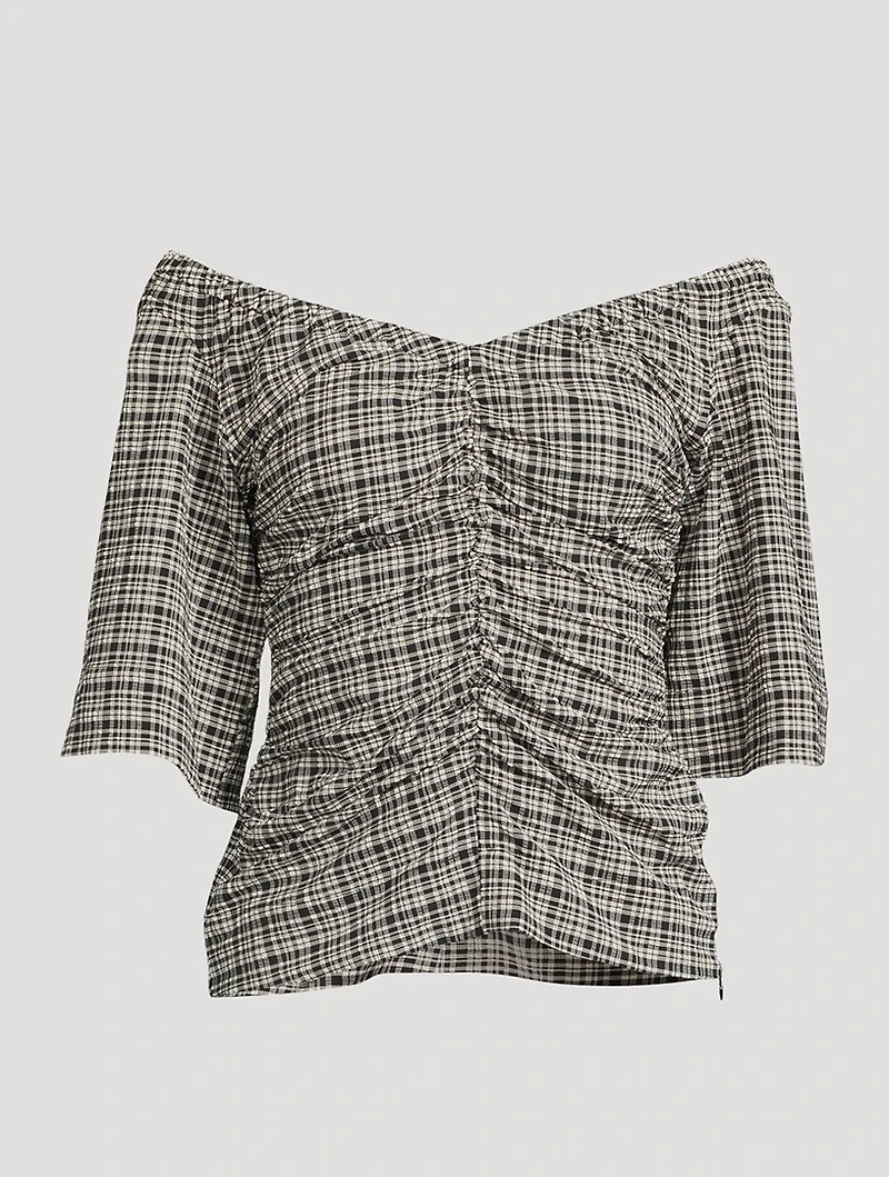Ruched Seersucker Blouse In Plaid Print