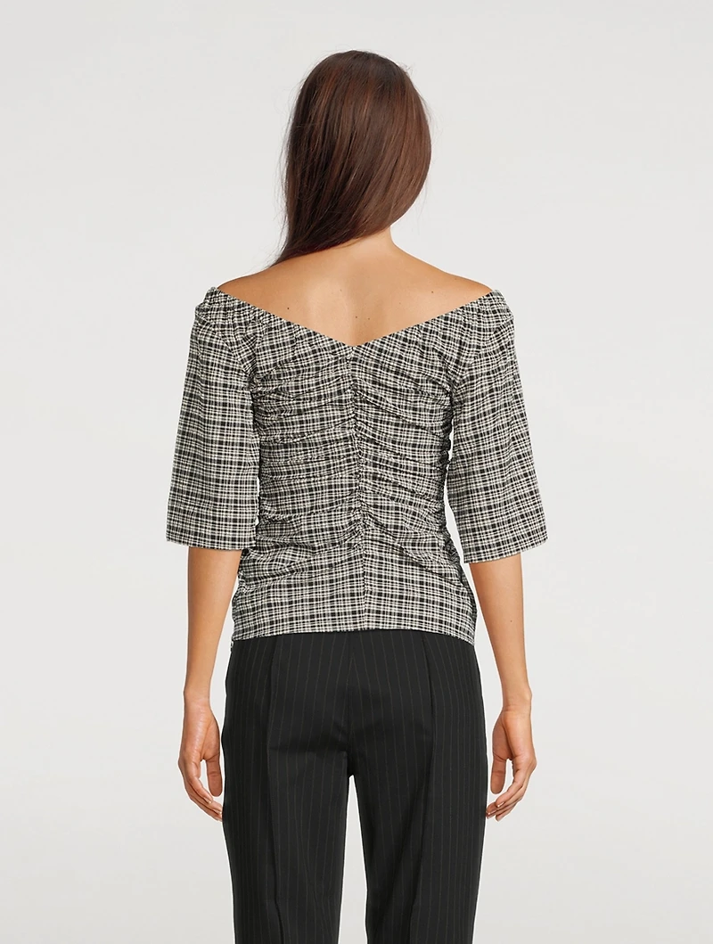 Ruched Seersucker Blouse In Plaid Print