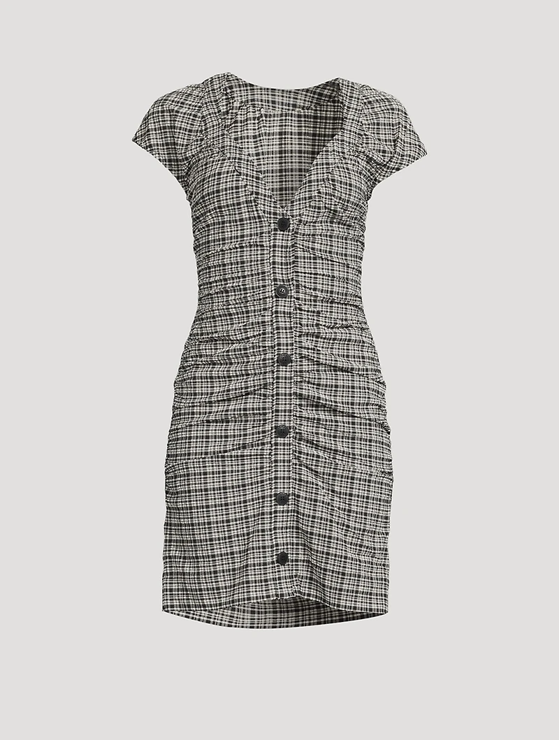 Ruched Seersucker Mini Dress Plaid Print
